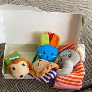 Plush Animal Rattle Set - 2 wrist 2 sock monkey bunny lion elephant boxed